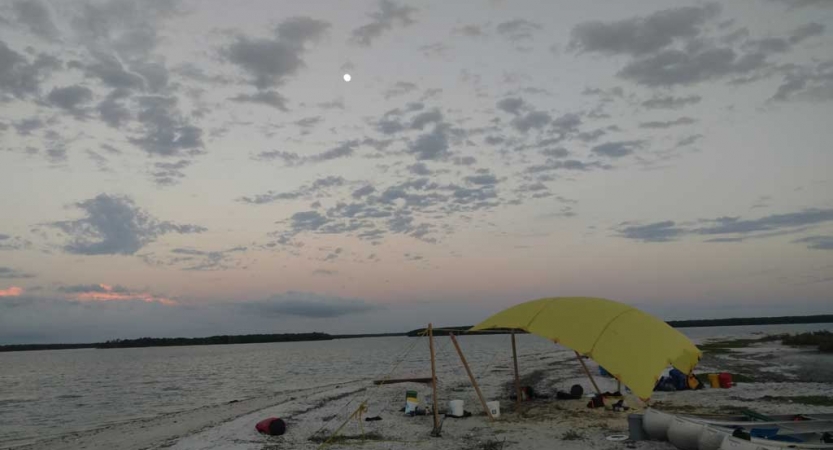 A tarp shelter and gear rest on a sandy beach